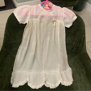 Vintage early 1900s long baby dress, delicate off white, bow, lace